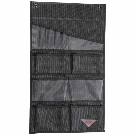 En svart Crespo hngficka med 12 fack fr camping eller frvaring. Organizeraren r gjord av svart meshmaterial och har fyra horisontella rader med fickor i olika storlekar, samt tv metallringar upptill fr upphngning.