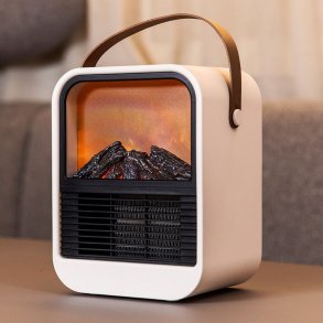 Hvid Sunnyflame keramisk varmebl�ser med realistisk flammeeffekt og brunt b�reh�ndtag i l�der.